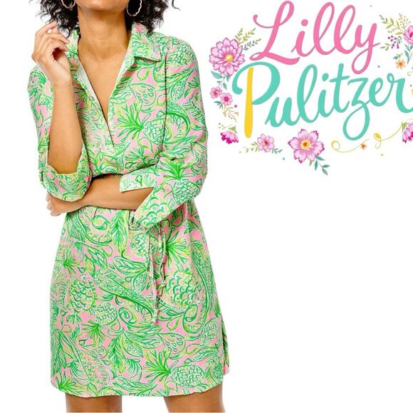 Lilly Pulitzer NWT PILAR LINEN TUNIC DRESS IMANDEVILLA BABY FINS FLIPPERS Small - Picture 1 of 6